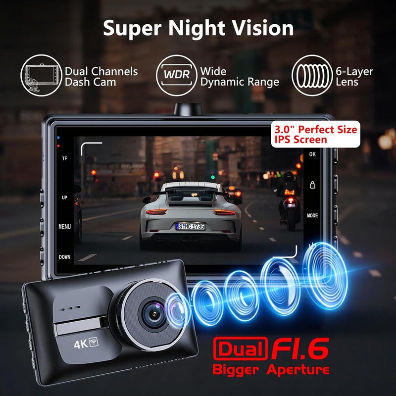 pahaa Dash Cam 4K 2160P Front and Rear, 5G WiFi High Speed Dash Camera for Cars with App, 3.0" IPS Screen,UHD Night Vision 24H Parking Mode, 170° Ultra Wide Angle, WDR, G-Sensor,with a Free 64G SD Card - Image 4